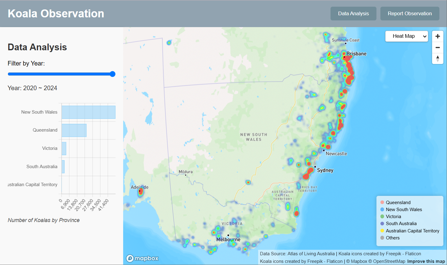 Interactive Map - Koala Observation System (JavaScript)